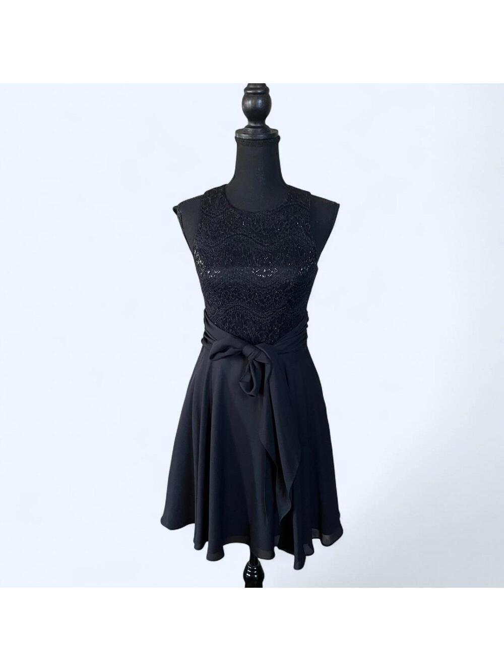 vintage y2k black sequin lace fairy tie waist mini dress size: petite small 🖤